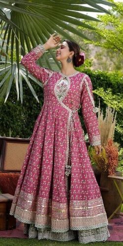 Pink & Cream Two Piece Anarkali Gown with Heavy Gota Work