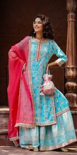 Blue Floral Print Kurti Sharara Three Piece Set with Potli