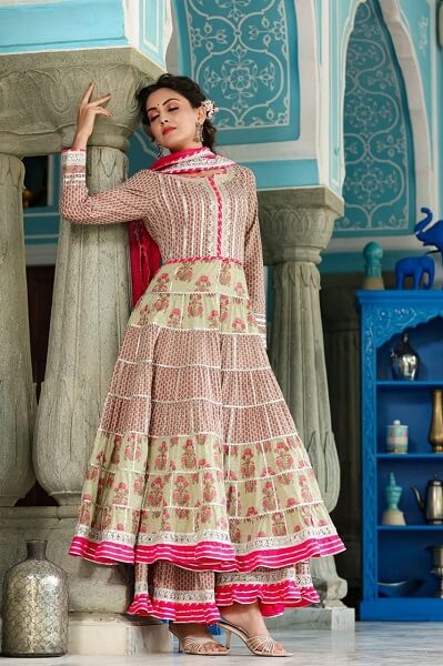 Buy Kiran Kalsi Embellished Anarkali Kurta with Sharara & Dupatta | Neon  Pink Color Women | AJIO LUXE