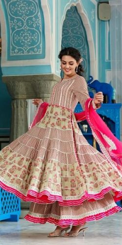 Festive Pink & Cream Combo Anarkali Set with Sharara