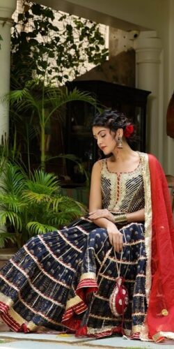 Dark Blue Heavy Gota Work Anarkali Kurti Set with Sharara & Potli