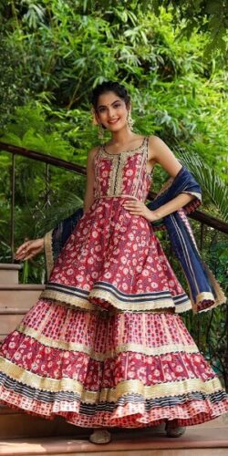 Handblock Print Peplum Short Kurti with Gharara & Gota Potli