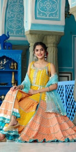 Sun Kissed Yellow & Orange Anarkali Sharara Set with Gota Work