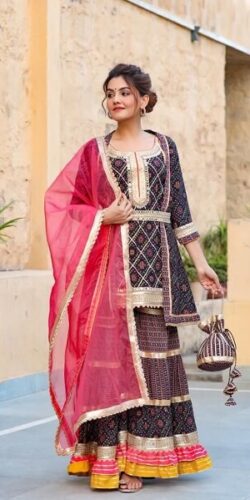 Bandhani Print Sharara Set with Jacket, Belt & Gota Potli