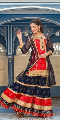 Majestic Navy Blue & Red Fusion Sharara Set with Organza Jacket