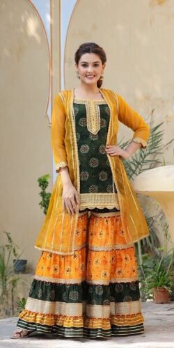 Majestic Yellow & Green Fusion Sharara Set with Organza Jacket