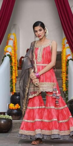 Royal Peach Short Kurti with Sharara & Gota Potli