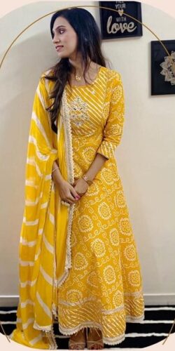 Yellow Bandhani Anarkali Suit Set