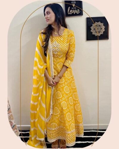 Yellow Bandhani Anarkali Suit Set