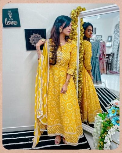 Yellow Bandhani Anarkali Suit Set - Image 3