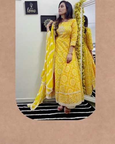 Yellow Bandhani Anarkali Suit Set - Image 2