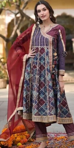 Ajrakh Semi Anarkali Kurti Set with Pants & Gota Work