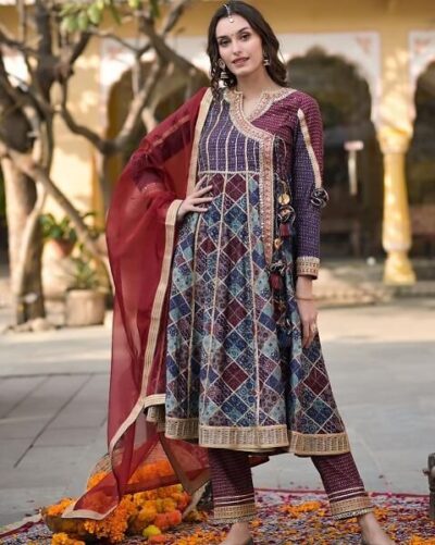 Ajrakh Semi Anarkali Kurti Set with Pants & Gota Work