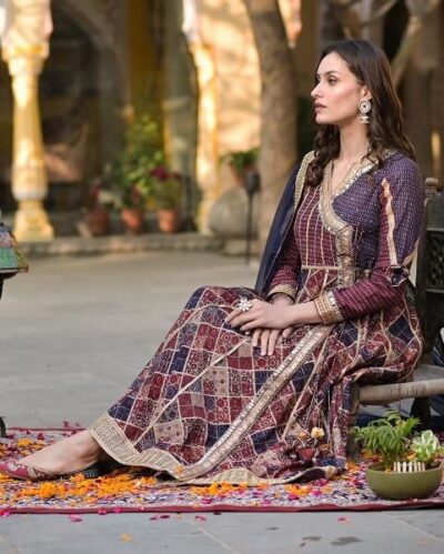 Ajrakh Semi Anarkali Kurti Set with Pants & Gota Work - Image 2