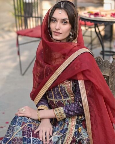 Ajrakh Semi Anarkali Kurti Set with Pants & Gota Work - Image 3
