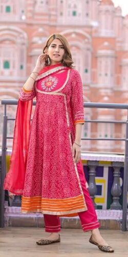 Deep Pink Bandhani Print Anarkali Set with Pants
