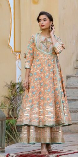 Peachish Orange Anarkali Gota Work Two Piece Gown