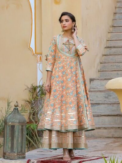 Peachish Orange Anarkali Gota Work Two Piece Gown