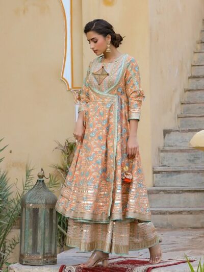 Peachish Orange Anarkali Gota Work Two Piece Gown - Image 2