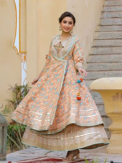 Peachish Orange Anarkali Gota Work Two Piece Gown - Image 3