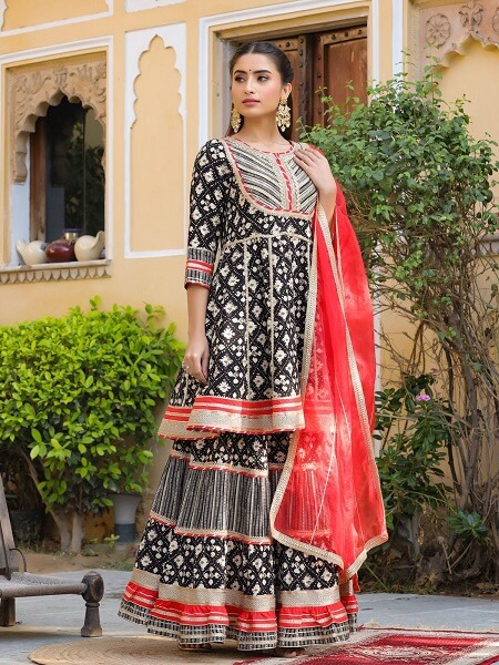 Peplum Short Kurti Sharara Set with Heavy Gota Work Potli