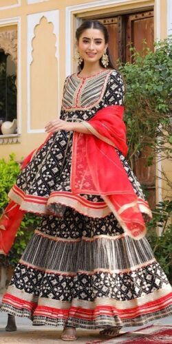 Peplum Short Kurti Sharara Set with Heavy Gota Work & Potli