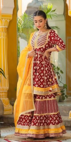 Red Peplum Short Kurti Sharara Set with Heavy Gota Work