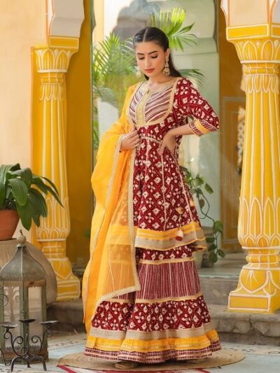 Red Peplum Short Kurti Sharara Set with Heavy Gota Work