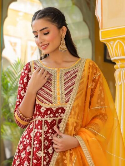 Red Peplum Short Kurti Sharara Set with Heavy Gota Work - Image 2
