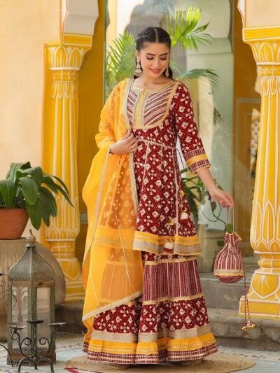 Red Peplum Short Kurti Sharara Set with Heavy Gota Work - Image 3