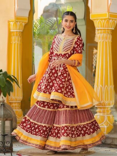Red Peplum Short Kurti Sharara Set with Heavy Gota Work - Image 4