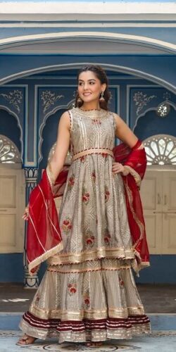 Rich Beige Golden & Red Combo Sharara Set with Gota Work