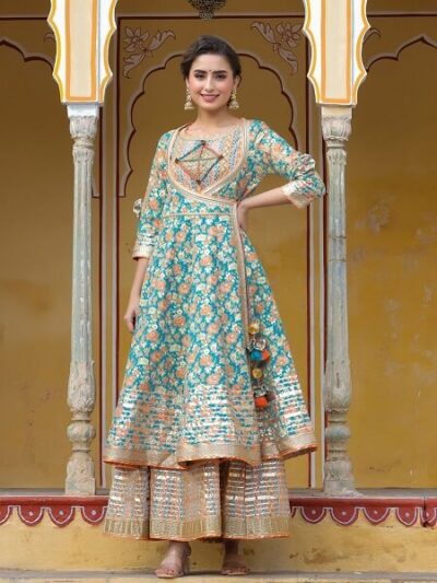 Sea Green Anarkali Gown with Heavy Gota Work - Image 3