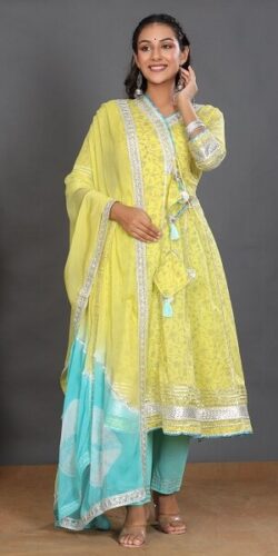 Yellow & Green Combo Semi Anarkali Kurti with Pant