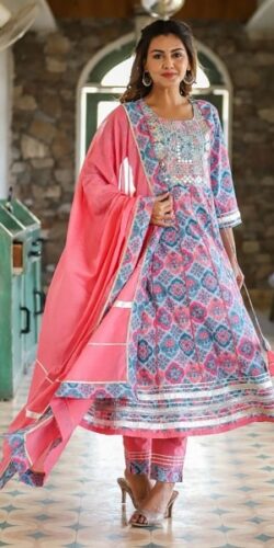 Peach & Blue Floral Print Cotton Semi Anarkali with Pants & Gota Work