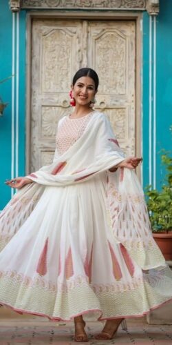 Pink Block Print Anarkali Set with Dupatta
