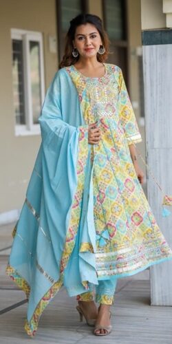 Yellow & Blue Floral Print Cotton Semi Anarkali with Pants & Gota Work